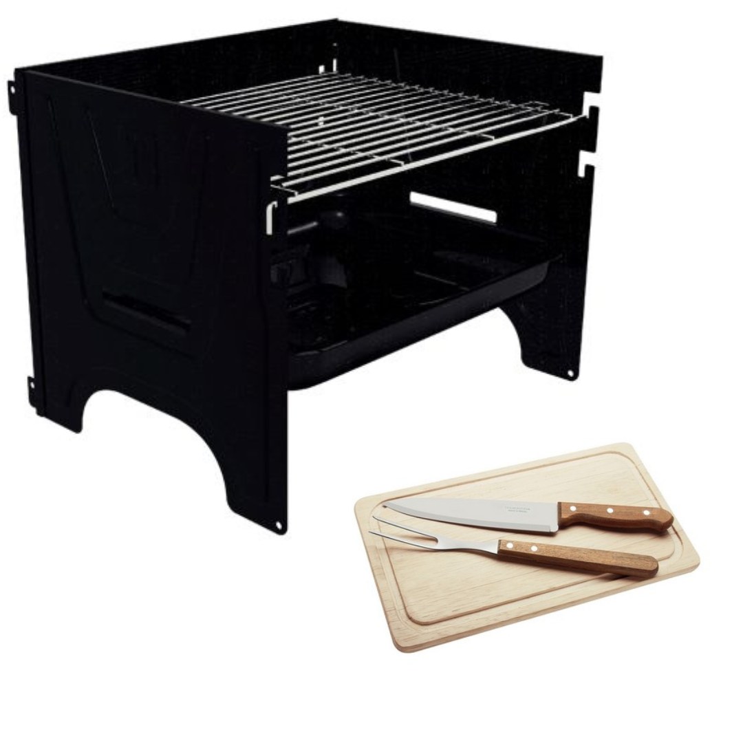 Parrilla grill a carbon TCP-380 Ac. Inox. Tramontina Cutelaria OBSEQUIO Juego p/ asado 3pzas.(tab) Dynamic Blister